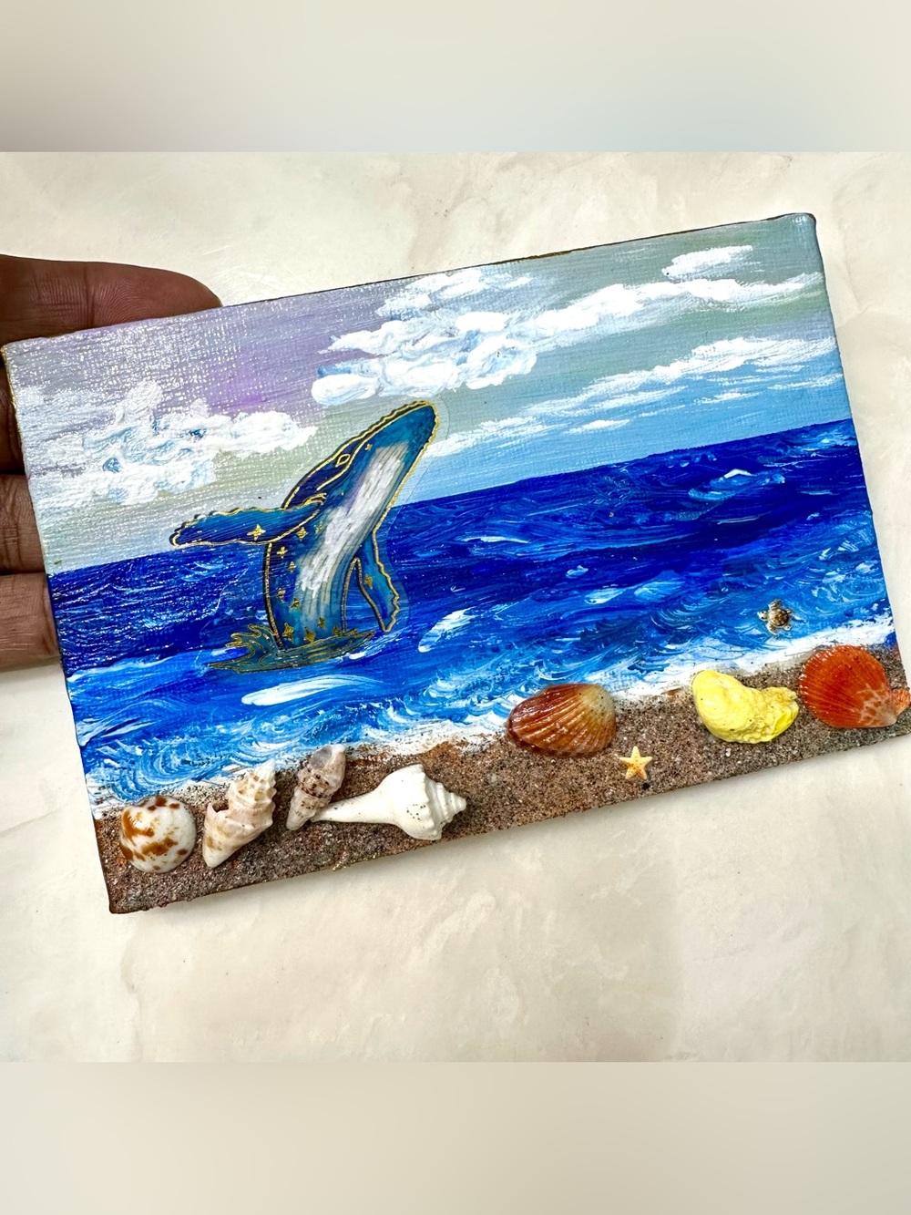 Handmade Ocean Whale Canvas Painting Mixed Media Beach Decor